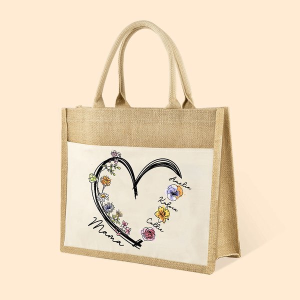 Sac Cabas Toile de Jute Réutilisable Personnalisé avec 1-6 Noms Fleurs de Naissance et Titre Cadeau Anniversaire pour Grand-Mère Maman
