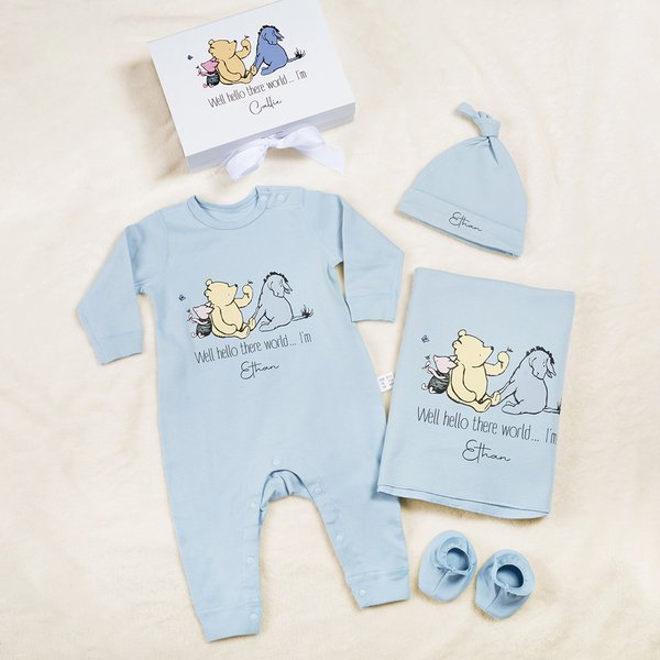 Personalized Classic Winnie the Pooh 100% Cotton Baby Romper Hat Blanket Outfit with Hamper and Name Baby Shower Coming Home Gift for Newborn