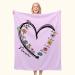 Personalised Heart 1-6 Watercolor Birth Flowers Soft Throw Blanket with Names Christmas Birthday Gift for Mom Grandma