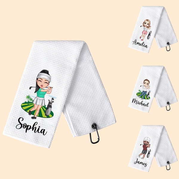 Personalized Colorful Male Female Cartoon Characters Quick Dry Waffle Towel with Name Golf Course Sports Accessories Gift for Golf Lovers