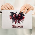Personalized Gothic Dripping Font Skull Bat Bow Makeup Bag with Name and Wrist Strap Travel Accessory Halloween Gift for Women Gothic Lover