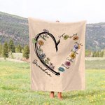 Personalised Heart 1-6 Watercolor Birth Flowers Soft Throw Blanket with Names Christmas Birthday Gift for Mom Grandma