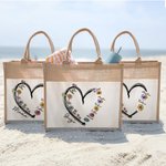 Personalised Heart 1-6 Birth Flower Reusable Jute Tote Bag with Names Christmas Birthday Gift for Grandma Mom