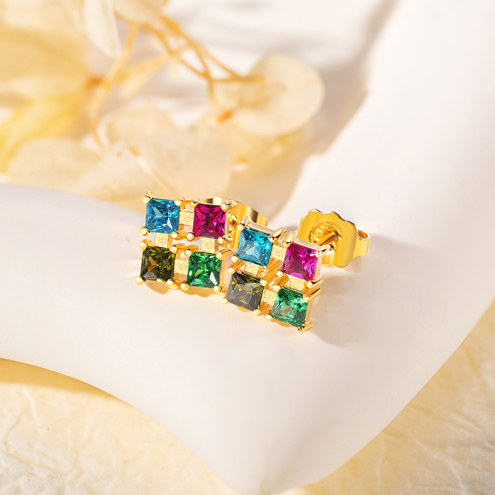 Boucles d'oreilles personnalisées Exquisite 1 - 4 Family Square Birthstones Christmas Mother's Day Gift for Mom Grandma