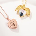 Personalized Dainty Angel Wing Heart Photo Urn Necklace for Ashes with Engraved Text Cremation Jewelry Memorial Gift for Women