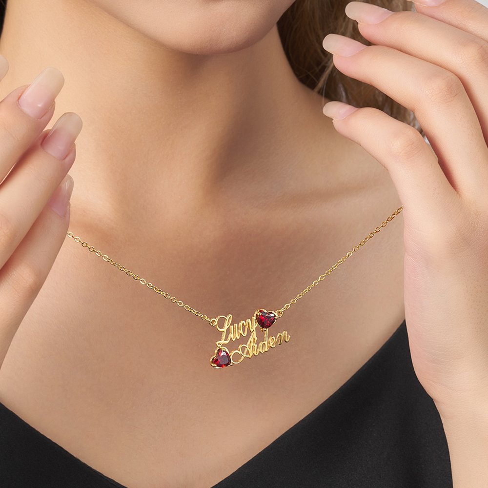 Gepersonaliseerde dubbele naam hanger ketting met hart geboortestenen