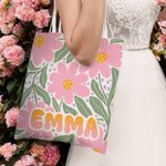Sac Fourre-tout en Toile Personnalisé avec Motif Floral et Nom Cadeau Anniversaire Vacances Souvenir pour Femme Fille