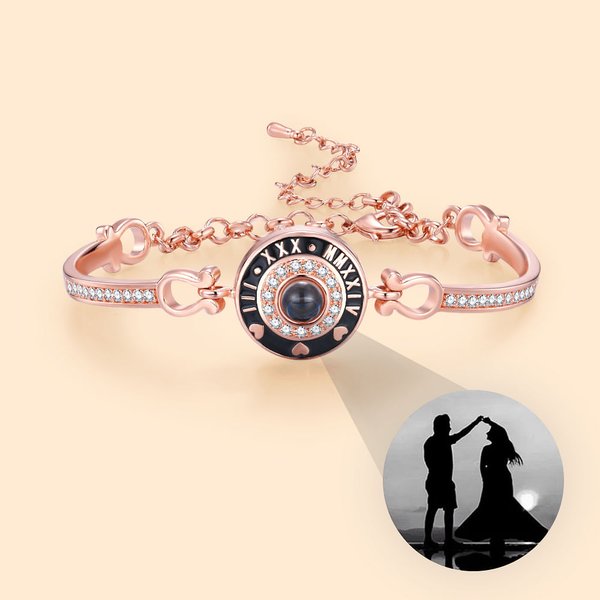 Personalized Engraved Love Heart Round Pendant Photo Projection Bracelet with Text and Gemstone Anniversary Birthday Gift for Women Girls