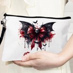 Personalized Gothic Dripping Font Skull Bat Bow Makeup Bag with Name and Wrist Strap Travel Accessory Halloween Gift for Women Gothic Lover