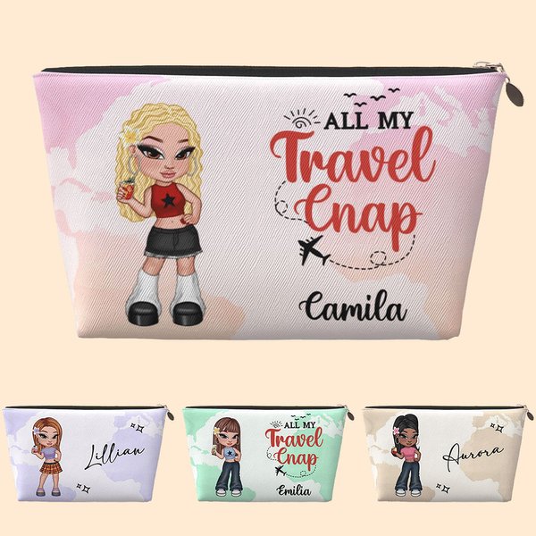 Personalized Cartoon Fashion Y2K Girl Colorful Travel Map Makeup Bag with Name Birthday Christmas Friendship Gift for Women Travel Lovers