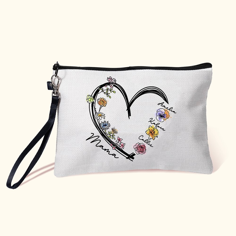 Trousse de maquillage personnalisée en lin avec dragonne et 1 à 6 noms Anniversaire Fête des mères Accessoires de voyage Cadeau pour Maman Grand-mère