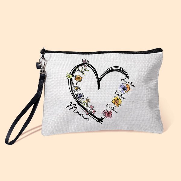 Trousse de maquillage personnalisée en lin avec dragonne et 1 à 6 noms Anniversaire Fête des mères Accessoires de voyage Cadeau pour Maman Grand-mère