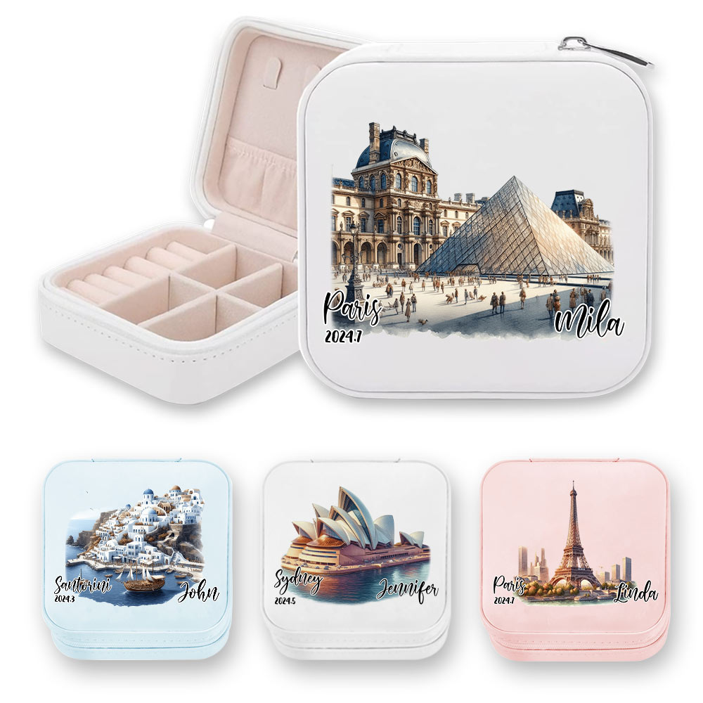 Personalised Watercolour Landmark Portable PU Leather Jewellery Box