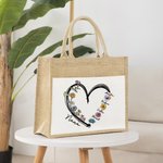 Personalised Heart 1-6 Birth Flower Reusable Jute Tote Bag with Names Christmas Birthday Gift for Grandma Mom