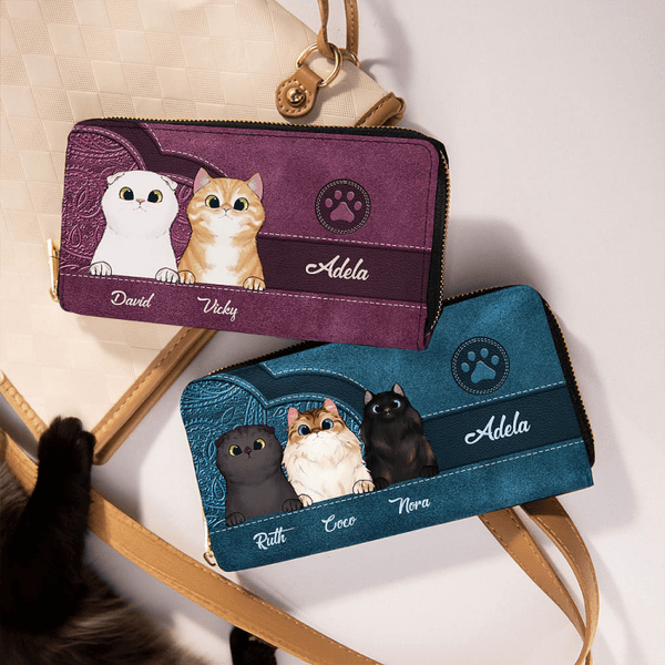 Cartera de cuero PU personalizada con diseño retro de gato varios compartimentos y cremallera metálica ideal para cumpleaños y aniversarios