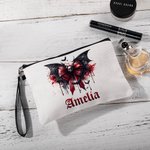 Personalized Gothic Dripping Font Skull Bat Bow Makeup Bag with Name and Wrist Strap Travel Accessory Halloween Gift for Women Gothic Lover