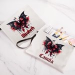 Personalized Gothic Dripping Font Skull Bat Bow Makeup Bag with Name and Wrist Strap Travel Accessory Halloween Gift for Women Gothic Lover