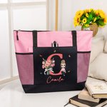 Sac Fourre-tout Réutilisable Personnalisé avec Personnage Initiale Nom Fleur de Naissance Sac de Grande Capacité Cadeau Noël pour Femme