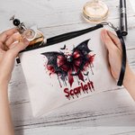 Personalized Gothic Dripping Font Skull Bat Bow Makeup Bag with Name and Wrist Strap Travel Accessory Halloween Gift for Women Gothic Lover