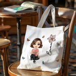 Personalized Cute Cartoon Character Birth Flower Canvas Tote Bag with Name Commuter Accessory Birthday Gift for Women Girls