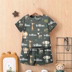 Personalised Watercolor Safari Animals Soft Kid Pajamas T-shirt Shorts Set with Name Multicolor Birthday Christmas Gift for Boys Girls