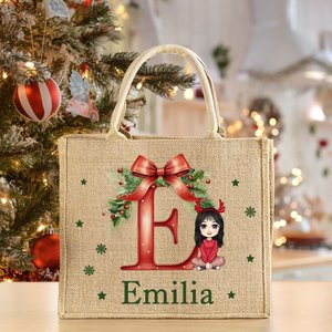 Personaje de dibujos animados personalizado Acebo Lazo Inicial Reutilizable Bolsa de yute grande de regalo con nombre Fiesta de Navidad Regalo para la familia
