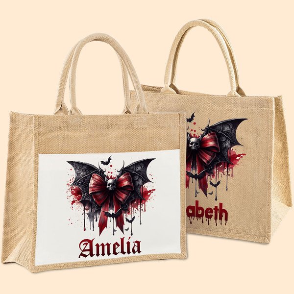Cráneo gótico personalizado Murciélago sangriento Lazo Bolsa de yute de gran capacidad con nombre Espeluznante regalo de Halloween para mujer Amante d