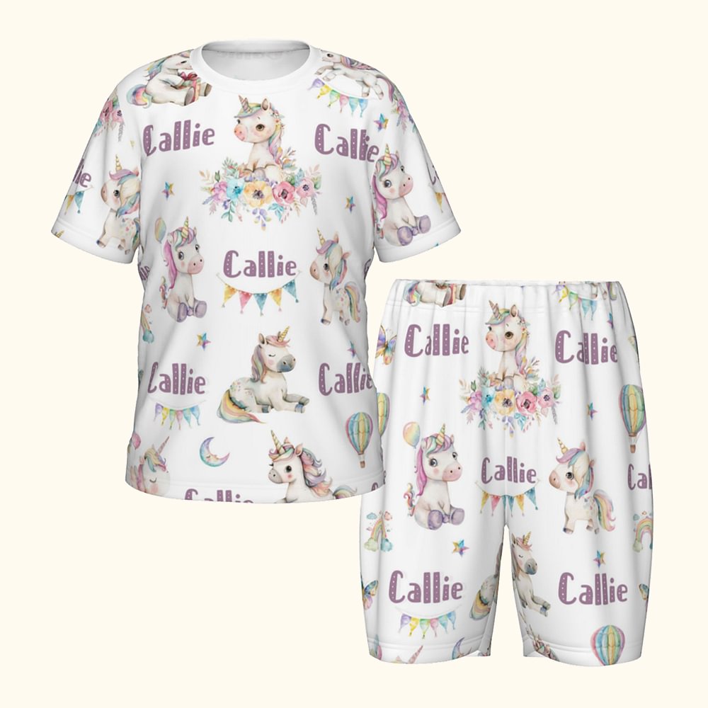 Pyjama enfant personnalisé aquarelle fantaisie licorne doux T-shirt short avec nom Multicolore Anniversaire Noël Cadeau pour Garçons Filles