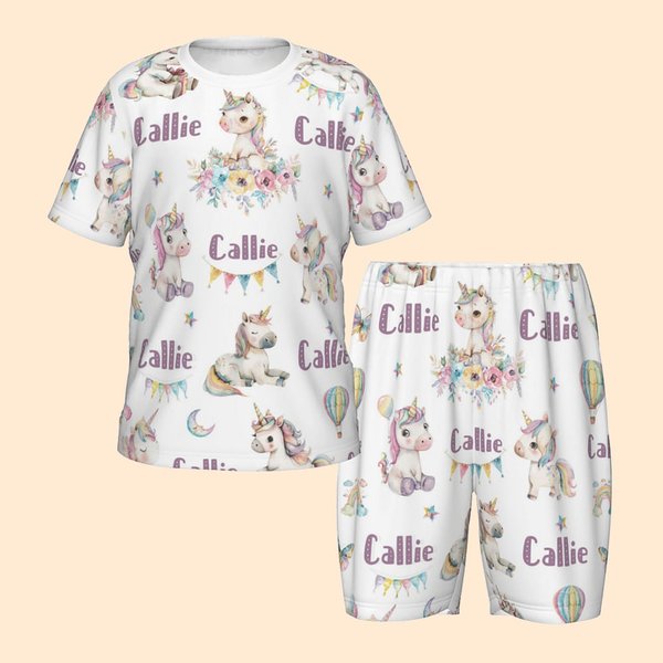Personalised Watercolour Fantasy Unicorn Soft Kid Pyjamas T-shirt Shorts Set with Name Multicolour Birthday Christmas Gift for Boys Girls