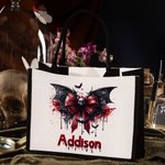 Personifierad Gothic Skull Bloody Bat Bow Stor Canvas Tote Bag med namn och vattentätt fodral Halloween Present till kvinnor Gothic Lover