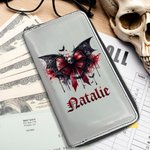 Personalized Gothic Dripping Font Skull Bat Bow PU Leather Wallet with Name Halloween Birthday Gift for Women Gothic Lover