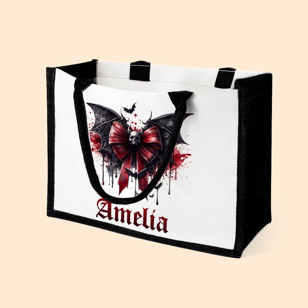Personalized Gothic Skull Bloody Bat Bow Large Canvas Tote Bag with Name and Waterproof Liner Halloween Gift for Women Gothic Lover