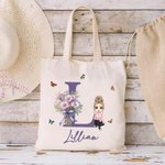 Personalizada Nacimiento Flor Ramo Cartoon Personaje Reutilizable Gran Bolsa de Lona con Nombre e Inicial Cumpleaños Regalo para Mujer Niña
