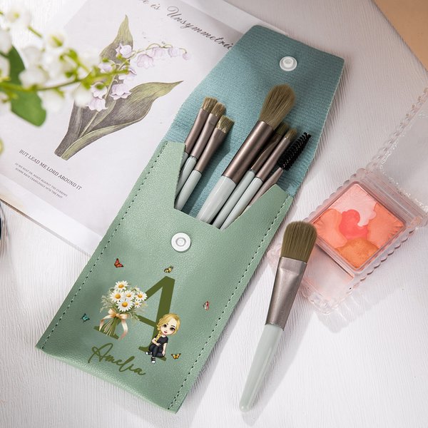 Personalizzato Cartoon Character Makeup Brush Set con nome e fiore di nascita 8 pezzi pennelli da trucco viaggio essenziale regalo di compleanno per l