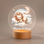 Veilleuse LED Personnalisée avec Nom Maman et Bébé Animaux Lune Nuage Décoration de Chambre avec Socle en Bois Cadeau Anniversaire Noël pour Enfant