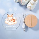 Veilleuse LED Personnalisée avec Nom Maman et Bébé Animaux Lune Nuage Décoration de Chambre avec Socle en Bois Cadeau Anniversaire Noël pour Enfant