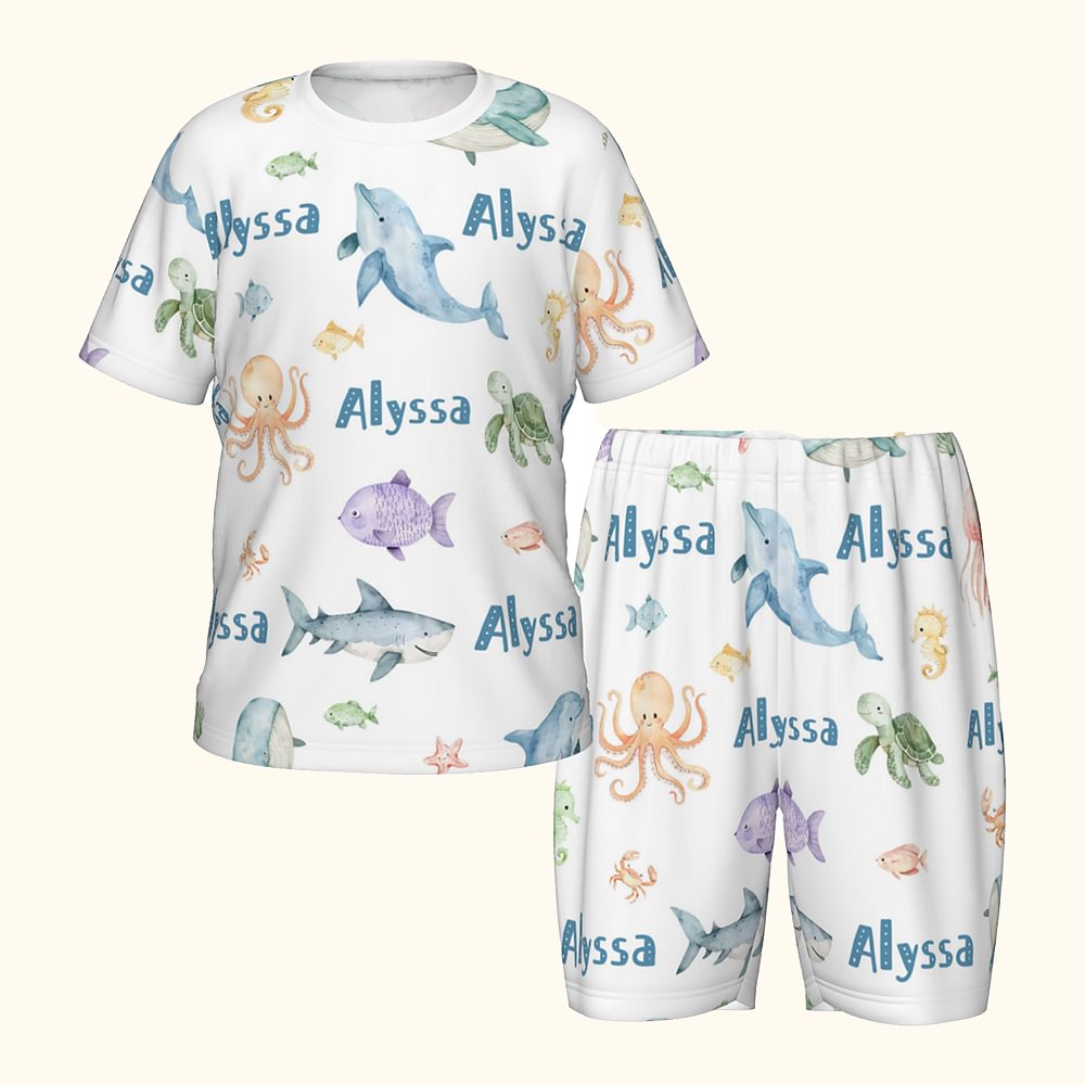 Pyjama pour enfant personnalisé avec nom en aquarelle Animaux marins T-shirt short Multicolore Anniversaire Noël Cadeau pour Garçons Filles