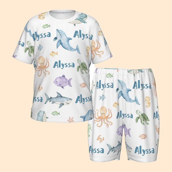 Personalized Watercolor Ocean Animals Soft Kid Pajamas T-shirt Shorts Set with Name Multicolor Birthday Christmas Gift for Boys Girls