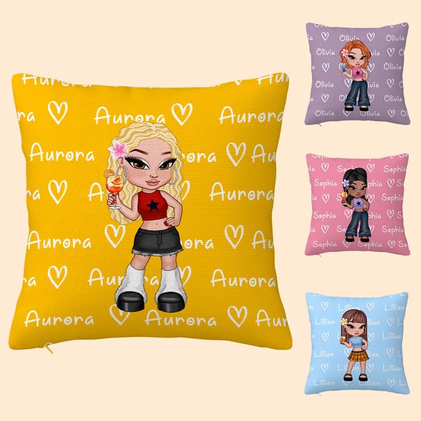 Personalisierter Kissenbezug mit Y2K Modischer Cartoon-Mädchen-Figur Namen Herzen Haus Deko Geburtstag Weihnachten Freundschaft Geschenk für Damen