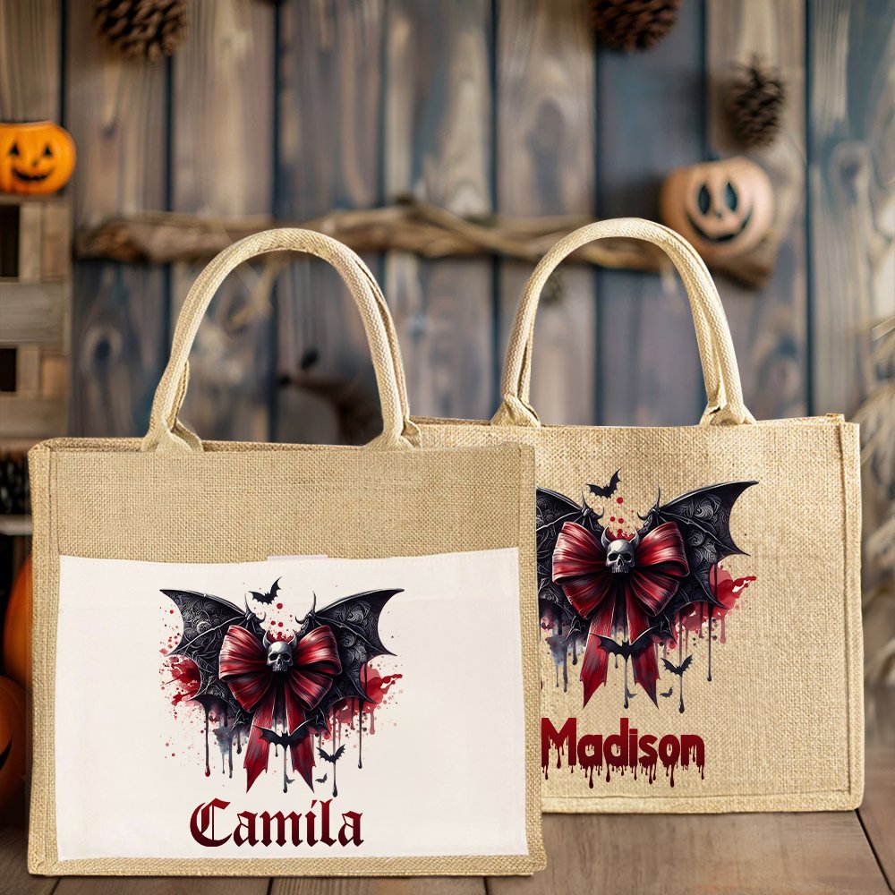 Personalizzato Gotico Teschio Sanguinante Pipistrello Fiocco Grande Capacità Borsa Tote di Juta con Nome Spaventoso