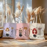Personalized Cute Cartoon Character Birth Flower Canvas Tote Bag with Name Commuter Accessory Birthday Gift for Women Girls