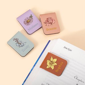 Personalised Watercolour Birth Flower Magnetic Leather Bookmark Clip with Engraved Name Birthday Christmas Gift for Book Lovers Bookworm