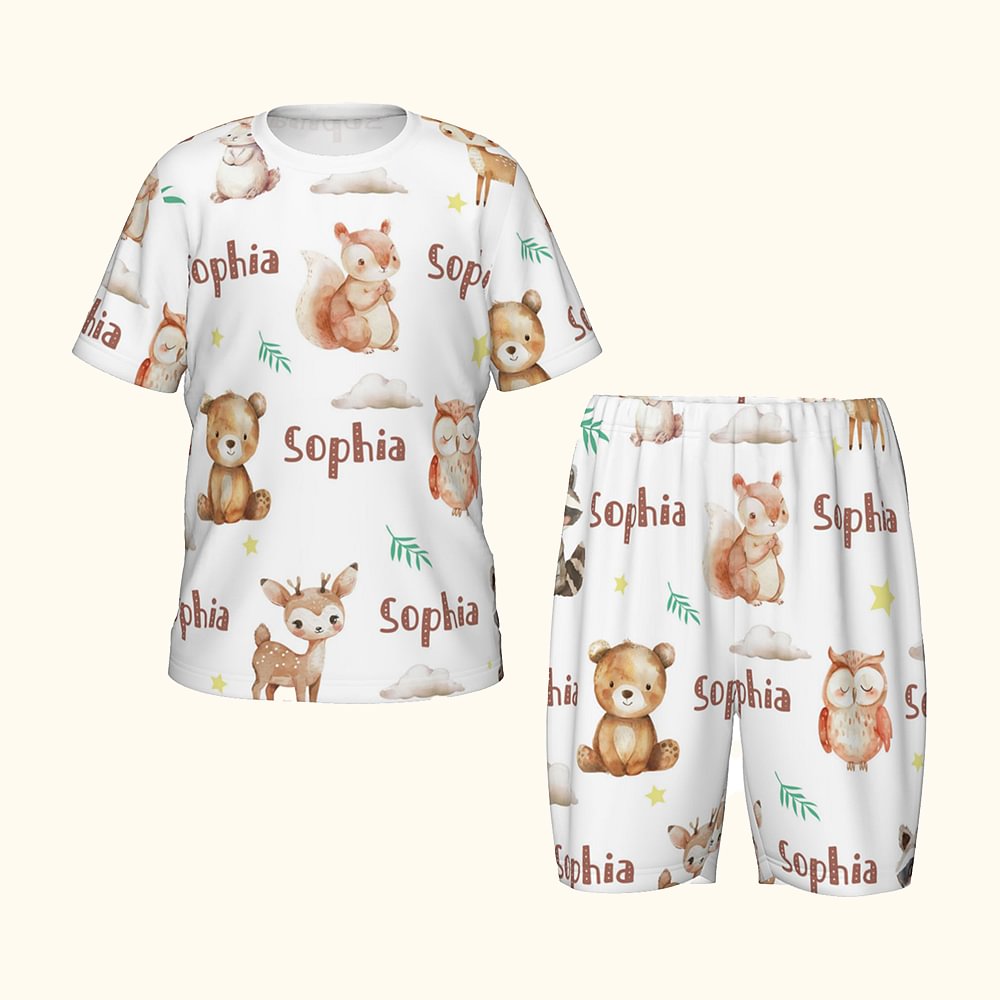 Pyjama pour enfants personnalisé avec nom en aquarelle Animaux des bois T-shirt short Multicolore Anniversaire Noël Cadeau pour Garçons Filles