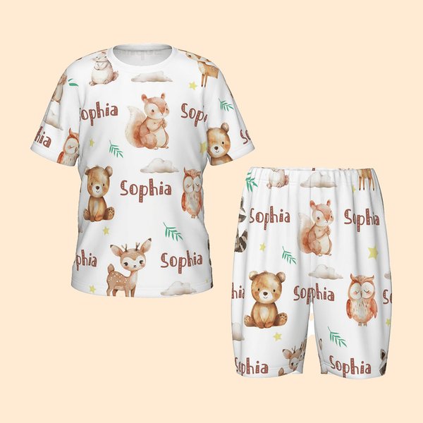 Personalisierte Aquarell Woodland Tiere weiches Kind Pyjamas T-Shirt Shorts Set mit Namen Multicolor Geburtstag Weihnachten Geschenk für Jungen Mädche