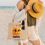Personalizado Cute Pumpon Mushroom Calabaza reutilizables Trick or Treat Bolsa de yute con nombre Beach Halloween Party Regalo para Mujeres Niñas