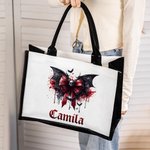 Personifierad Gothic Skull Bloody Bat Bow Stor Canvas Tote Bag med namn och vattentätt fodral Halloween Present till kvinnor Gothic Lover