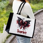 Personifierad Gothic Skull Bloody Bat Bow Stor Canvas Tote Bag med namn och vattentätt fodral Halloween Present till kvinnor Gothic Lover