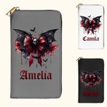 Personalized Gothic Dripping Font Skull Bat Bow PU Leather Wallet with Name Halloween Birthday Gift for Women Gothic Lover