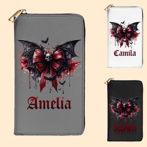 Personalized Gothic Dripping Font Skull Bat Bow PU Leather Wallet with Name Halloween Birthday Gift for Women Gothic Lover