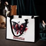 Personifierad Gothic Skull Bloody Bat Bow Stor Canvas Tote Bag med namn och vattentätt fodral Halloween Present till kvinnor Gothic Lover